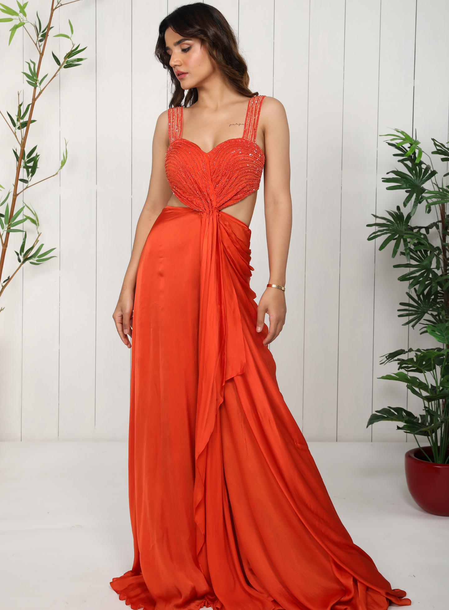 Orange Satin Georgette Jumpsuit