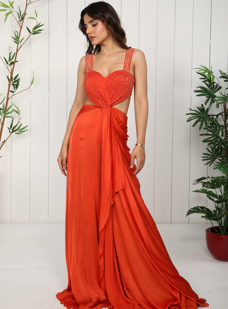 Orange satin Georgette jumpsuit with cutdana and sequin hand embellishment