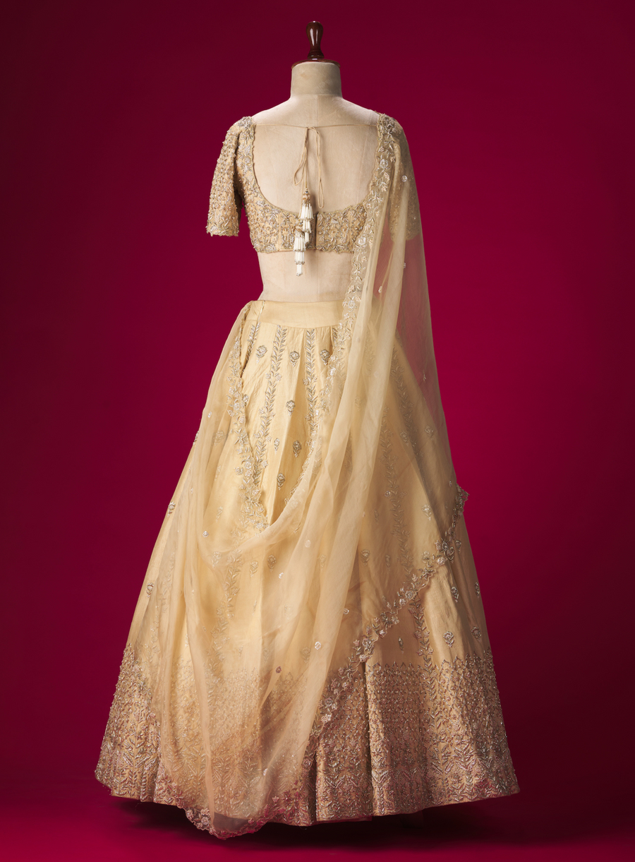 Back view of the cream embellished lehenga with tie-back blouse and dupatta on a mannequin