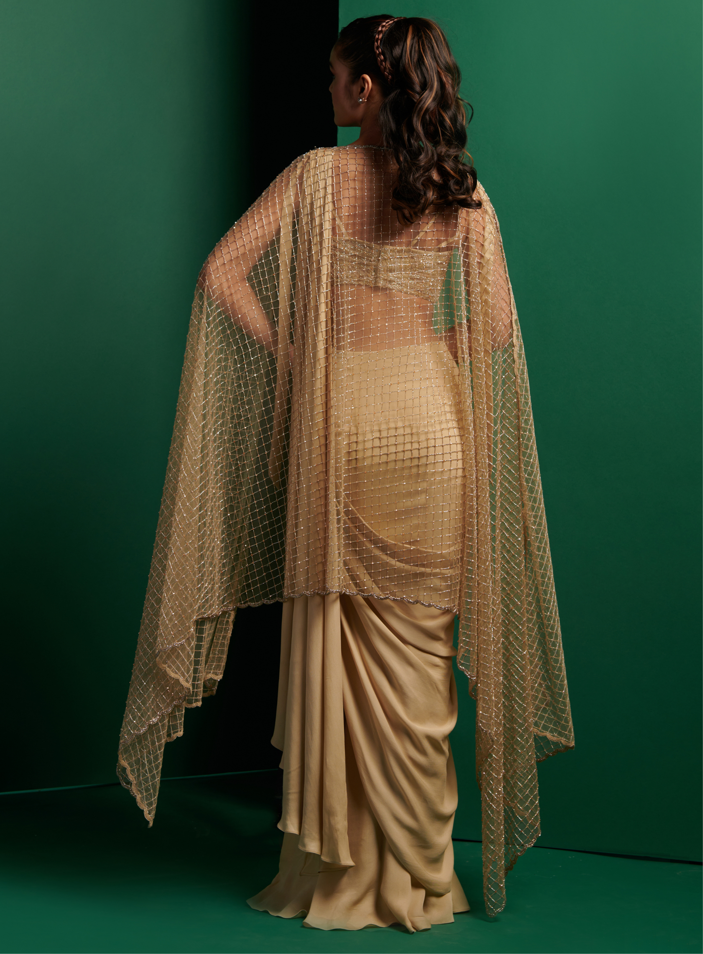 Champagne Gold Embellished Corset With Drape Saree And Embellished Cape