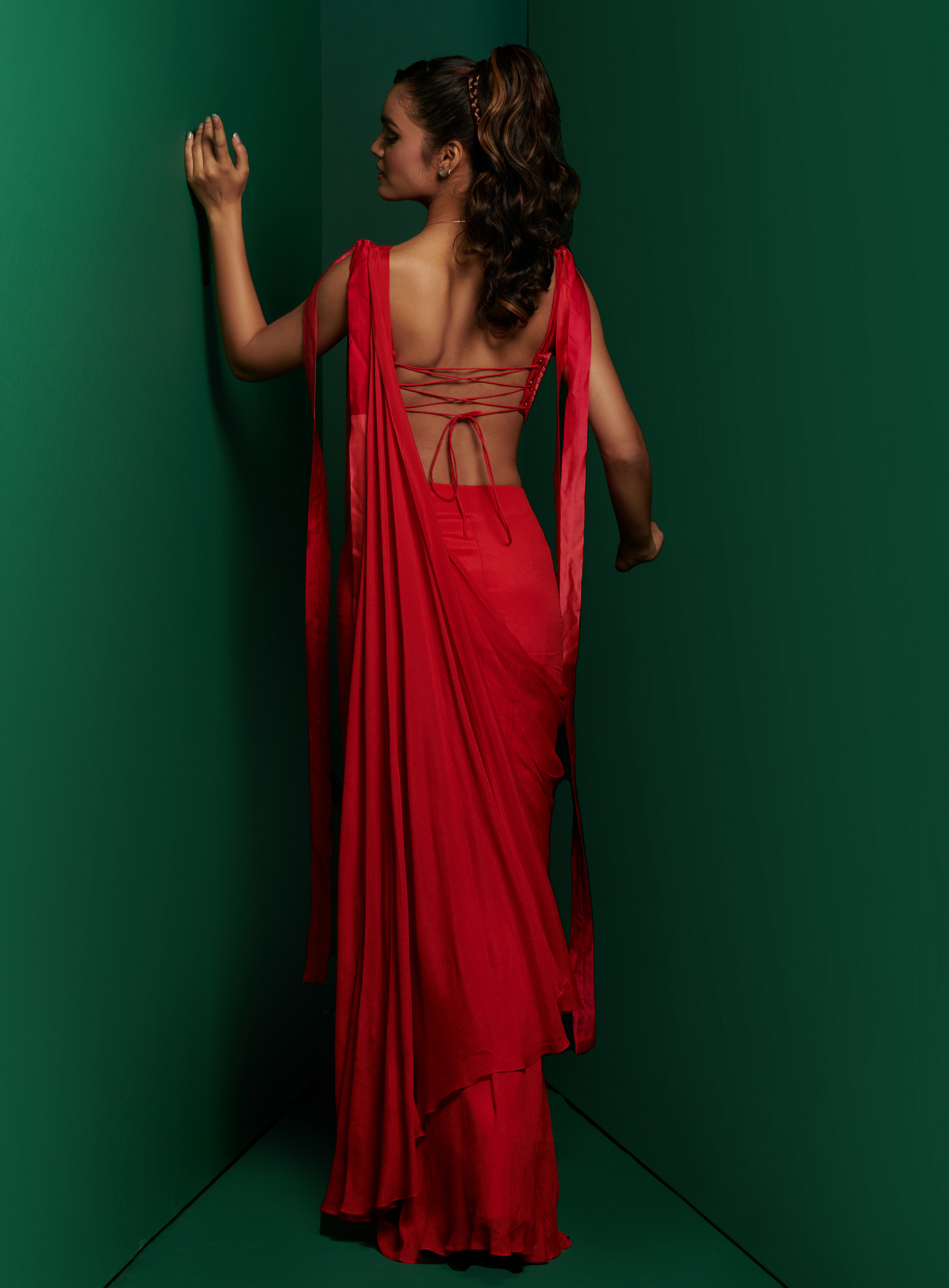 Crimson Red Cut Out Corset With Pleated Drape Saree