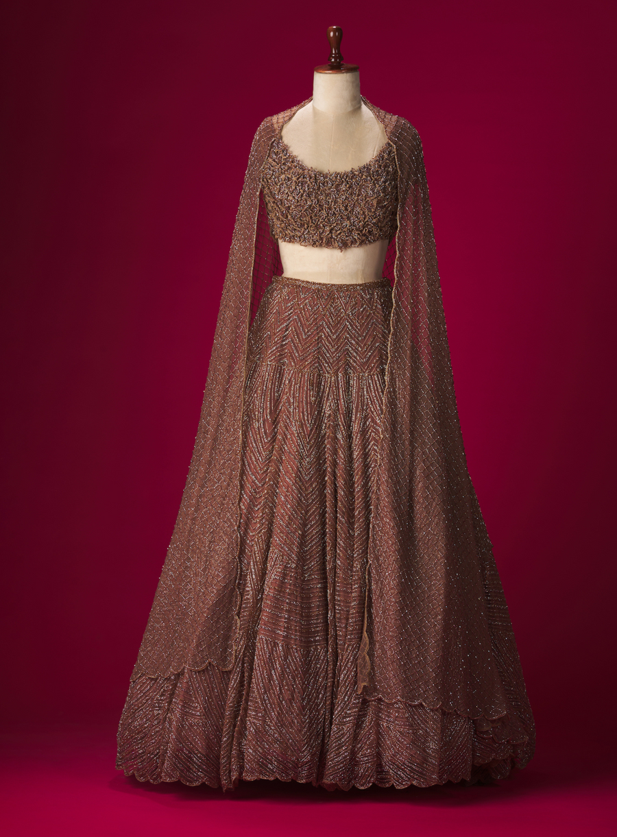 Brown net lehenga with 3D flower embellished blouse in cutdana and crystal embroidery