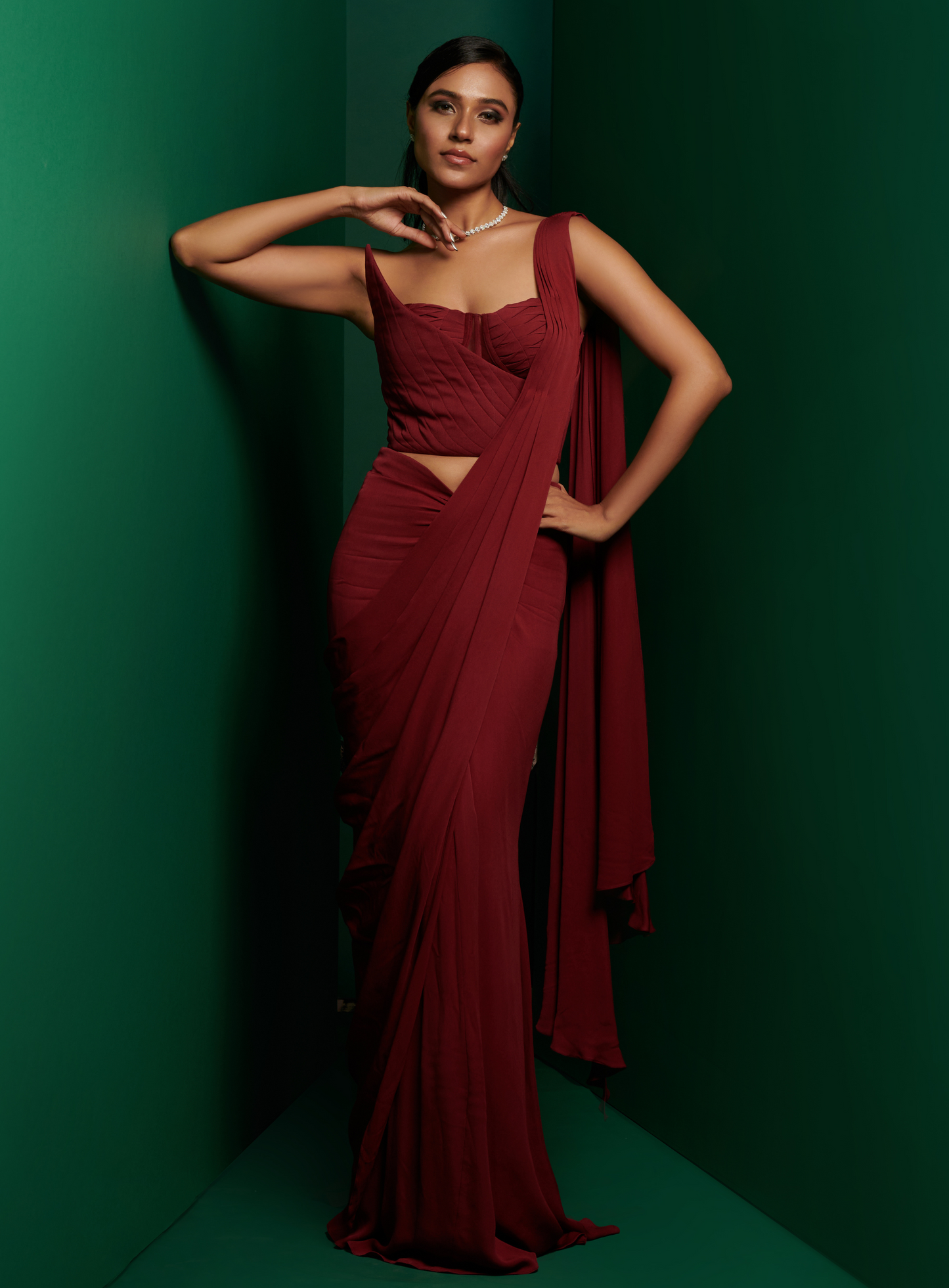 Wine Red Structured Double Corset With Elegant Skirt Drape Saree