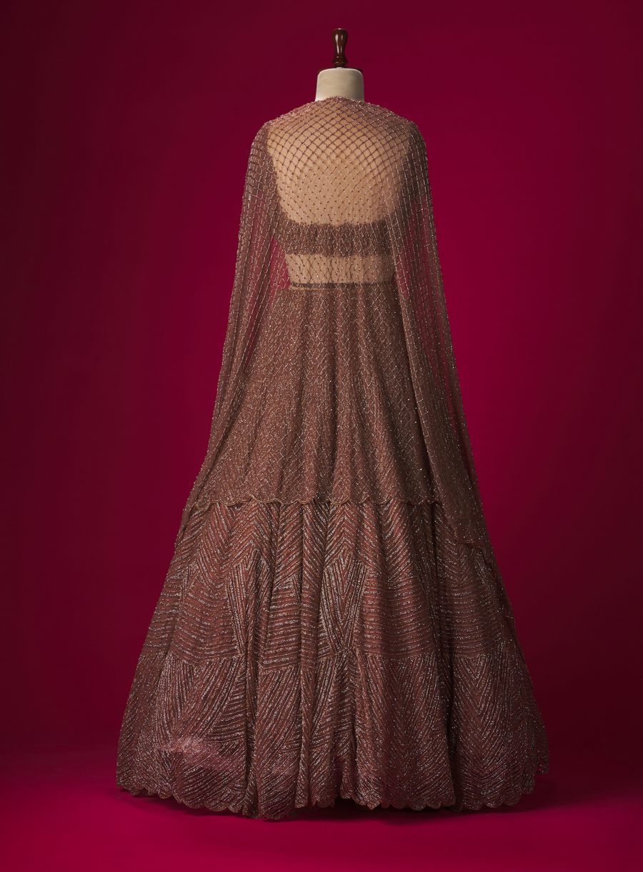 Back view of the brown embroidered lehenga with sheer beaded dupatta on a mannequin