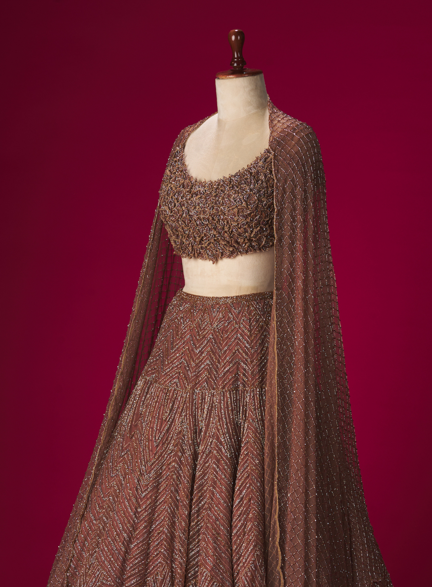 Brown 3D Flower Embellished Blouse With Embroidered Lehenga And Dupatta