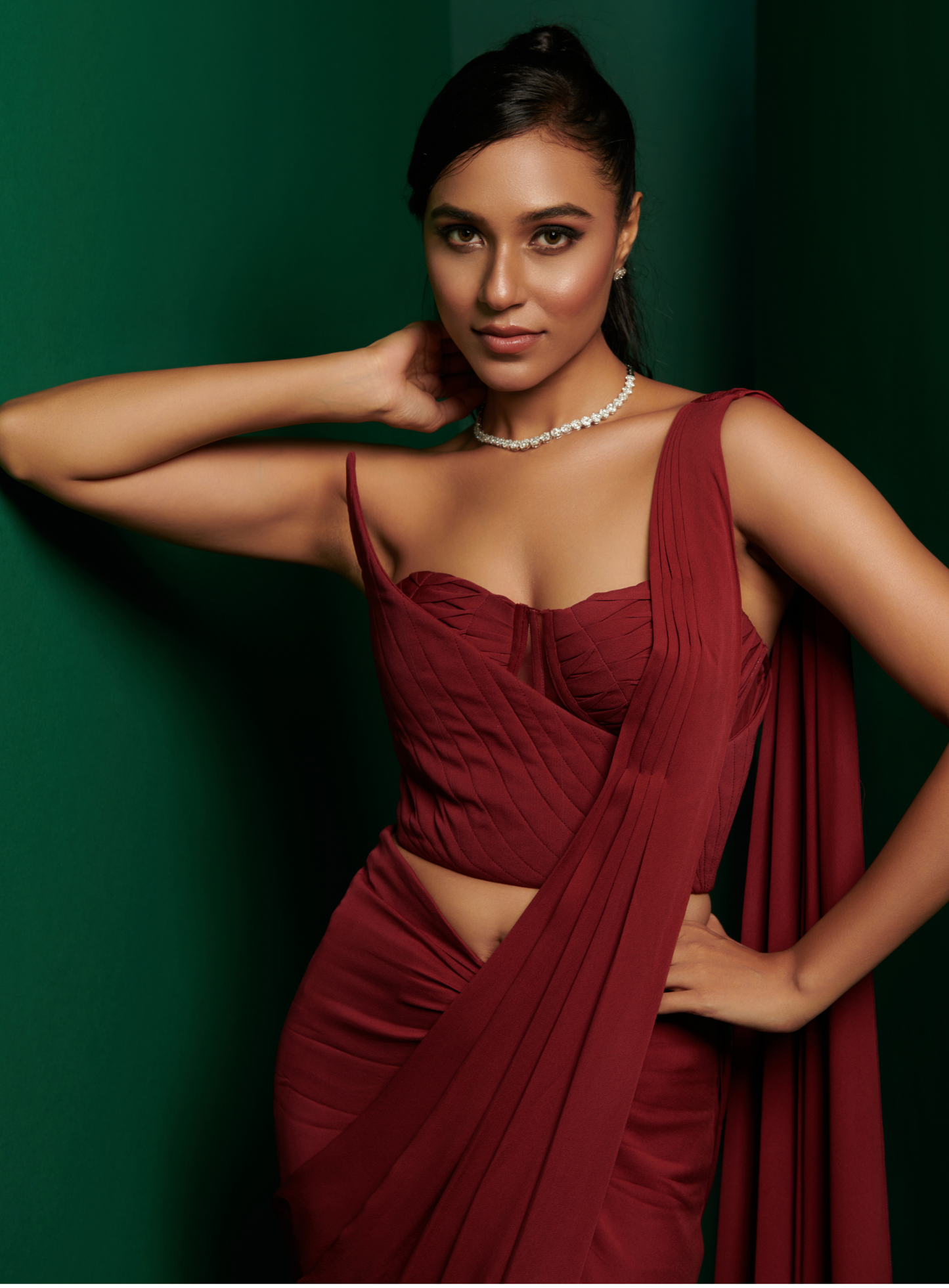 Wine Red Structured Double Corset With Elegant Skirt Drape Saree