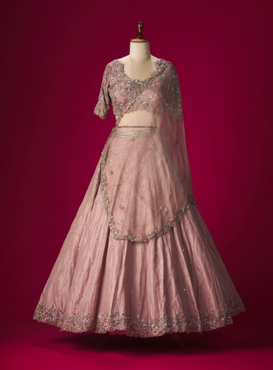 Mauve Cut Work Zardosi Work Blouse With  Mirror Work Lehenga And Dupatta