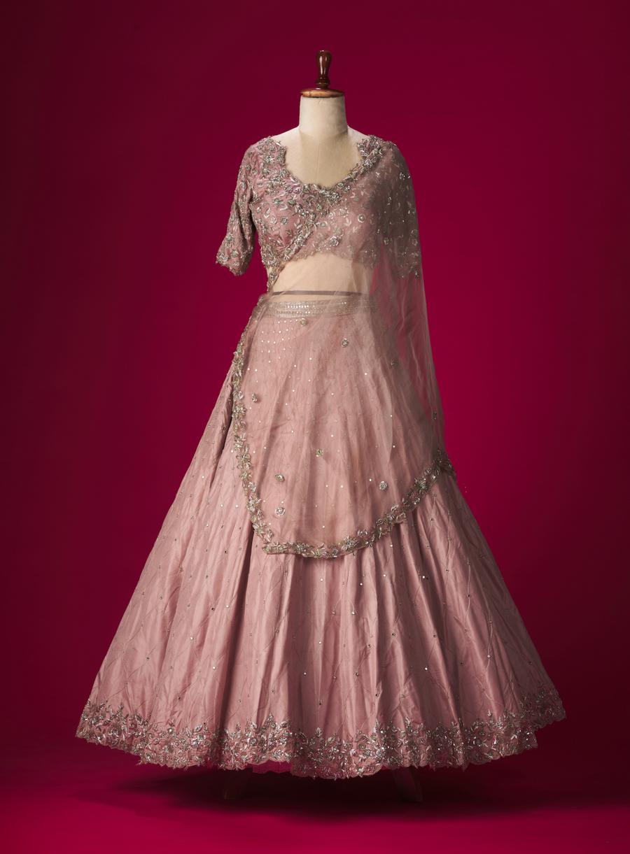 Mauve silk and organza lehenga with cut-work zardozi blouse and mirror-work embellishment