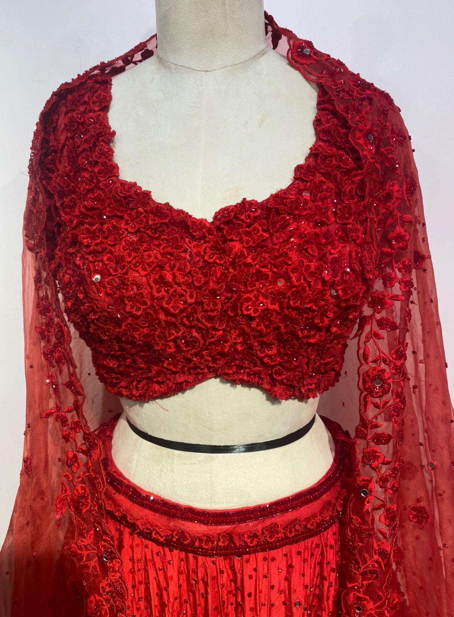 Tropical Red 3D Flower Embellished Blouse And Lehenga