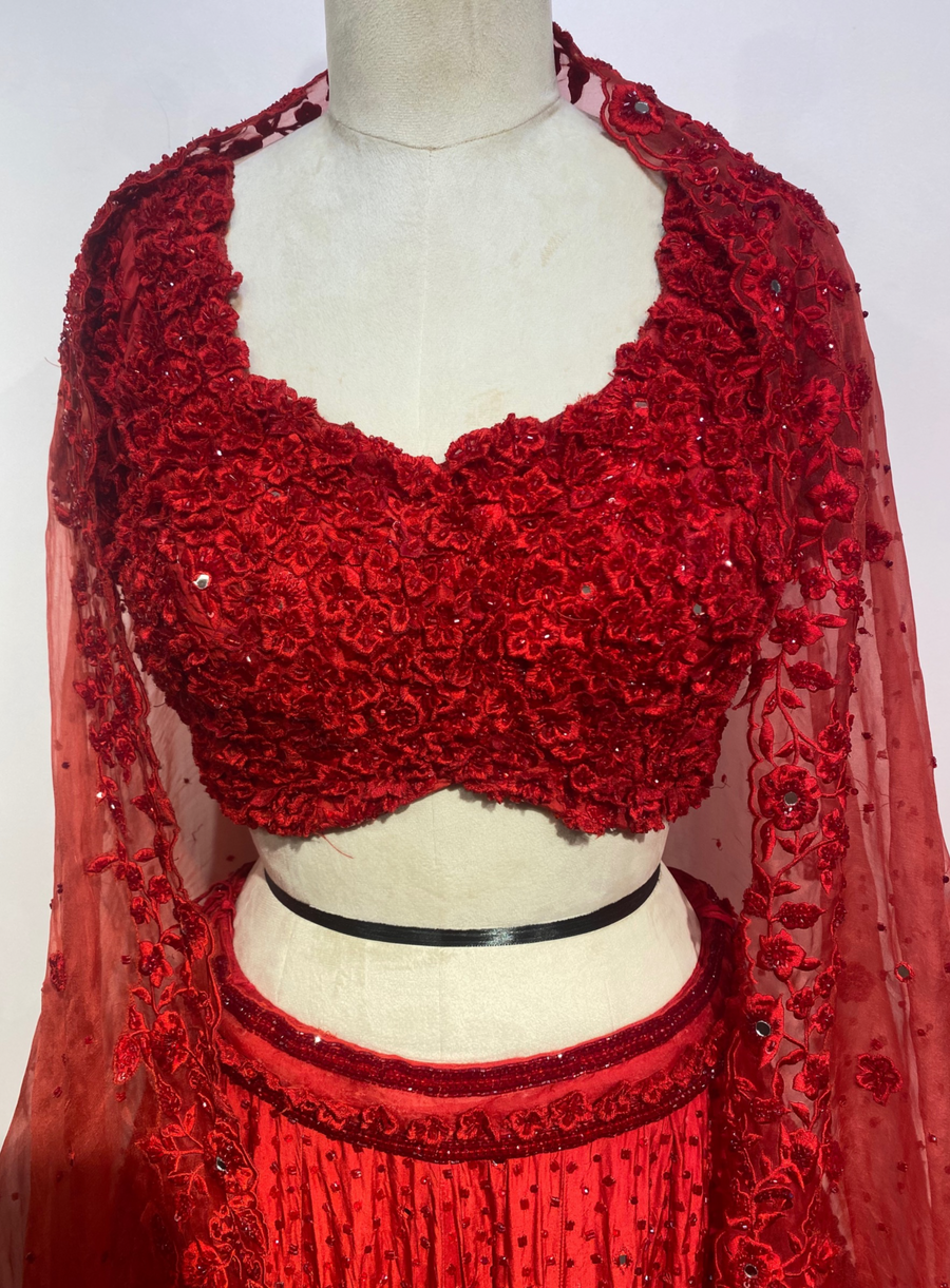 Close-up of the red 3D flower embellished blouse and dupatta border