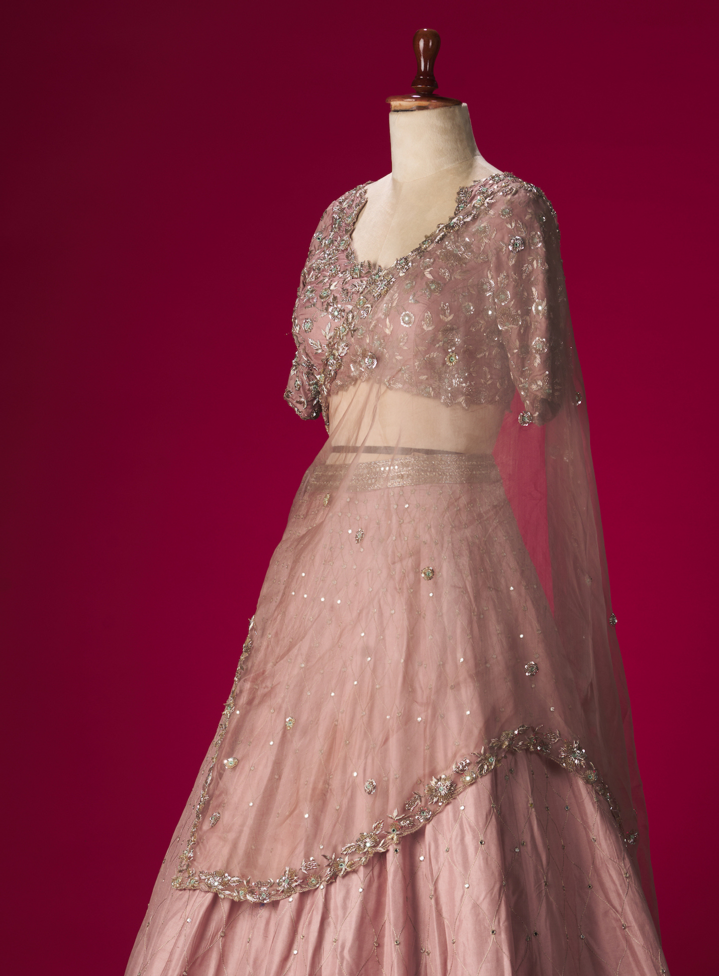 Mauve Cut Work Zardosi Work Blouse With  Mirror Work Lehenga And Dupatta