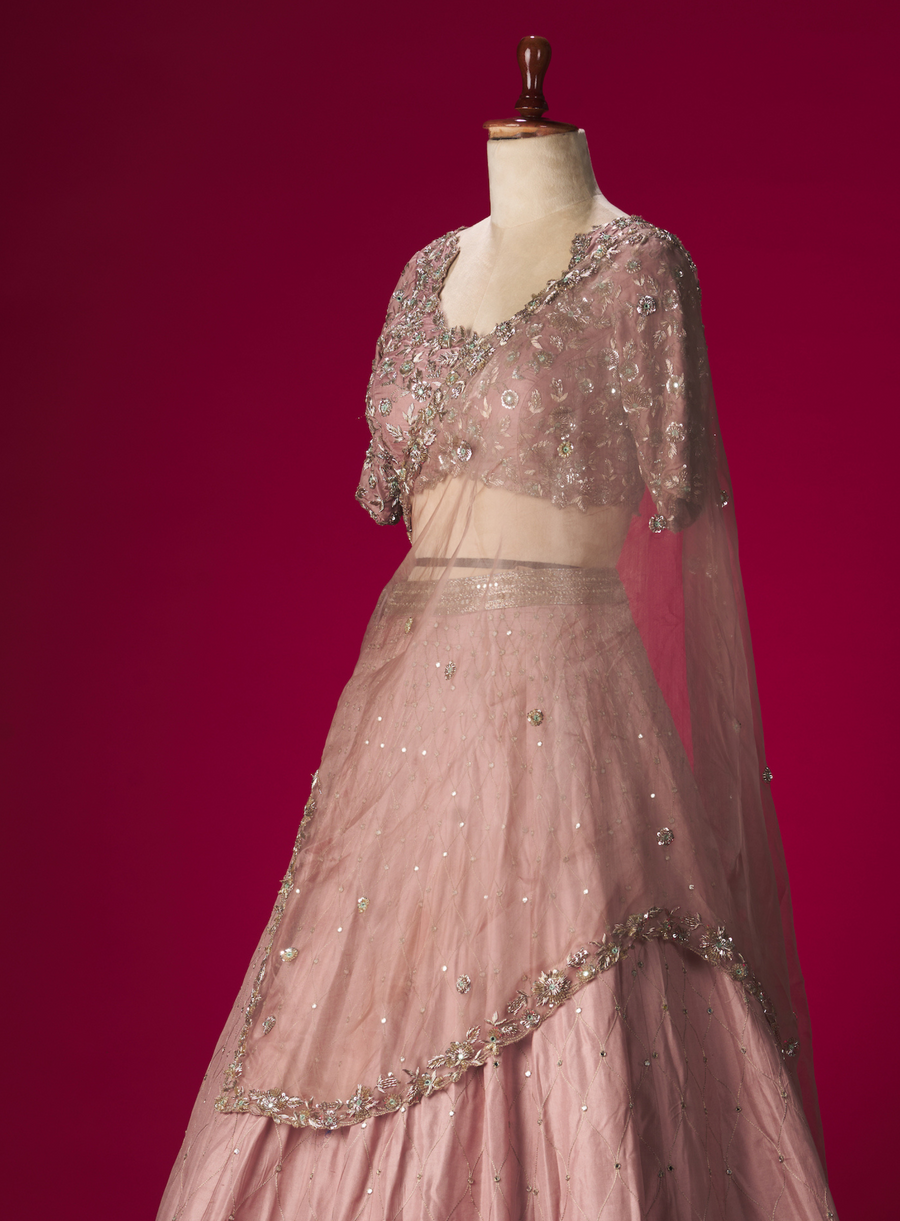 Side view of the mauve cut-work zardozi blouse with mirror-work lehenga and dupatta