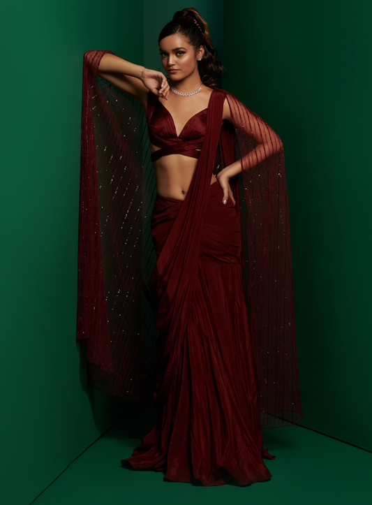 Dark Maroon Cross Body Blouse With Drape Saree & Embellished Cape