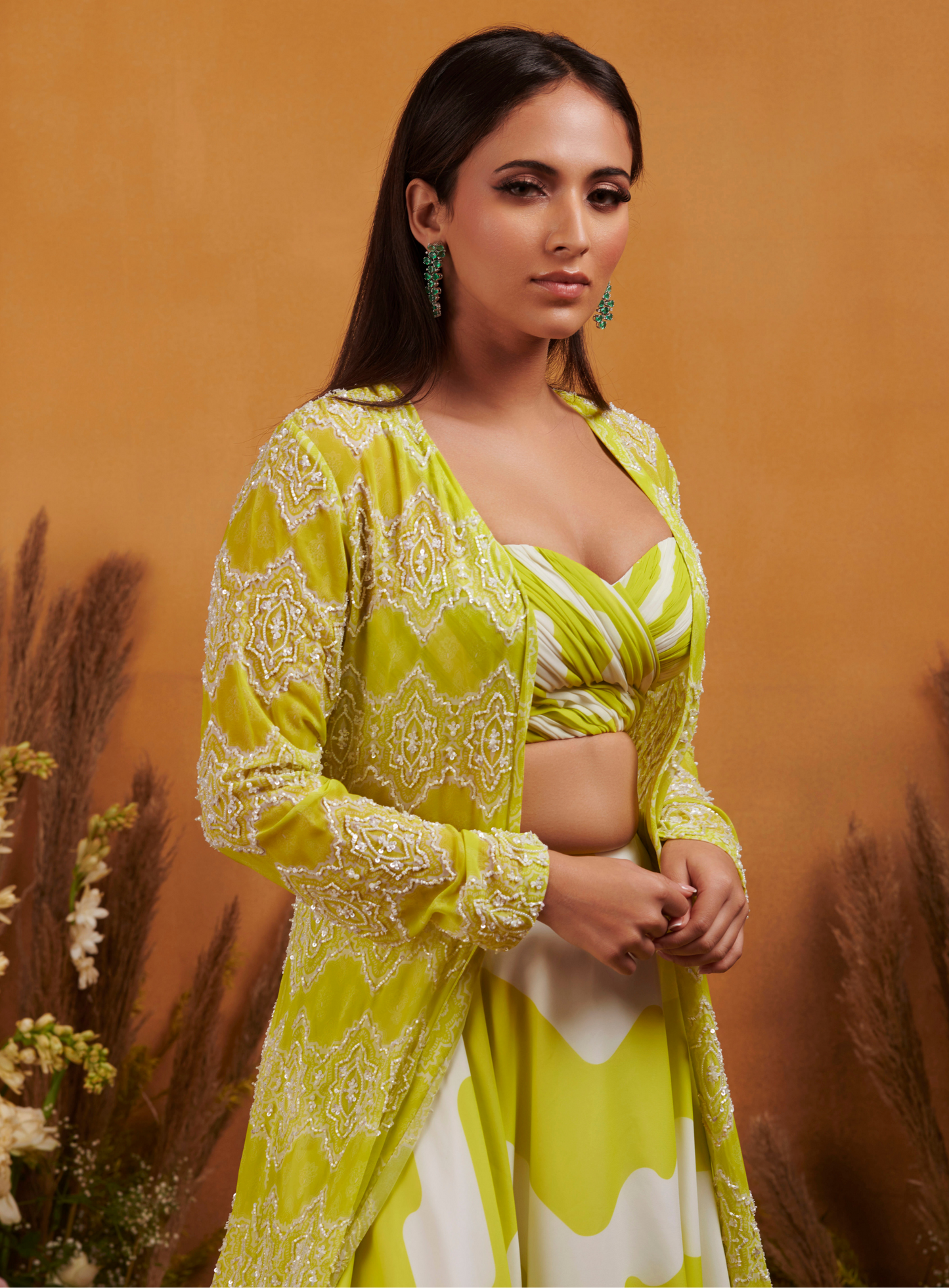 Fluorescent Green and White Printed Three Piece Set