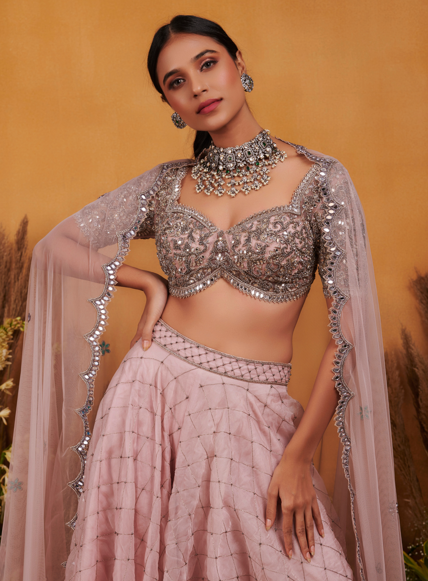 Onion Pink Mirror Work Blouse With Embellished Flared Pants And Dupatta