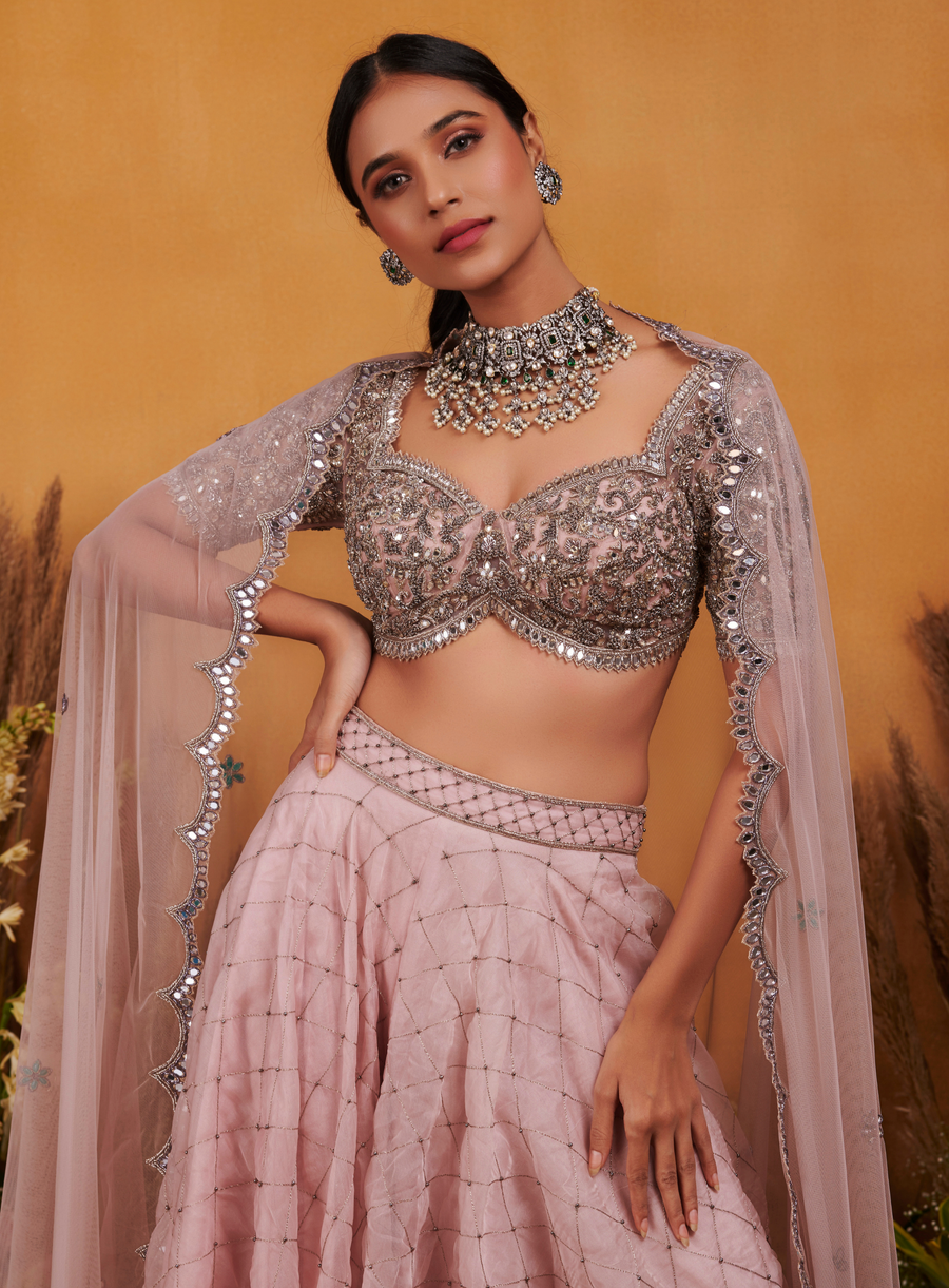 Close-up of the onion pink mirror work blouse with mirror-edged sheer dupatta and embellished flared pants
