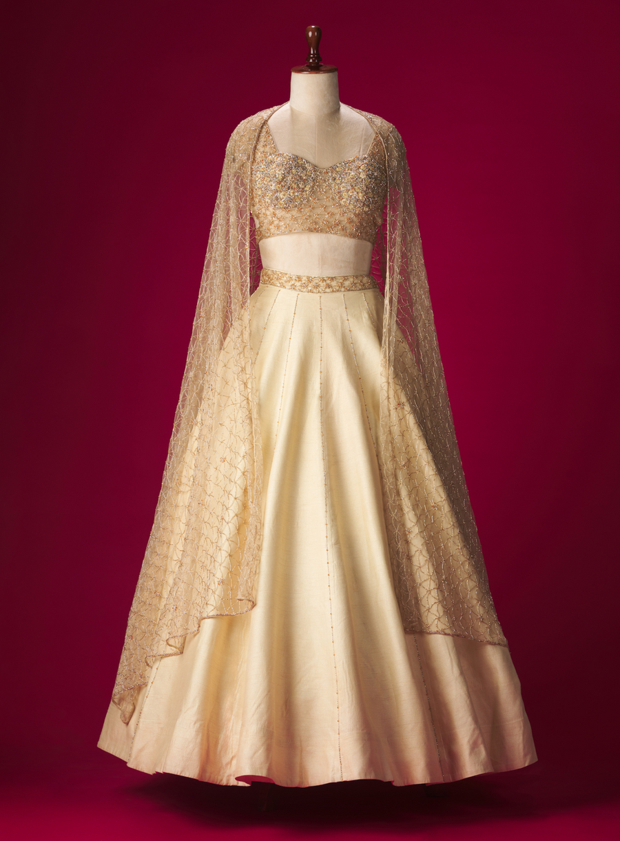Cream dupion crepe lehenga set with thread, sequin and cutdana embroidery