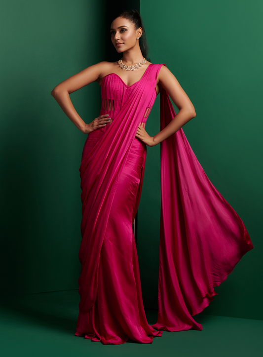 Hot Pink Longline Cutout Torso Corset With Drape Saree