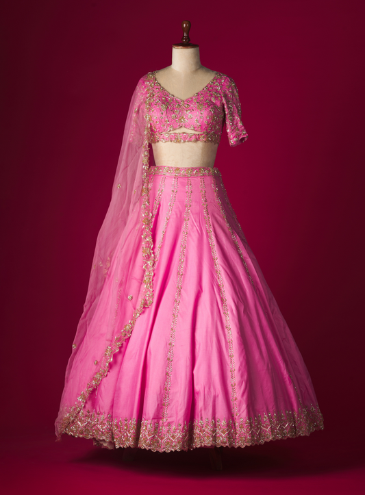 Pink Cut Out Embellished Blouse And Lehenga With Dupatta