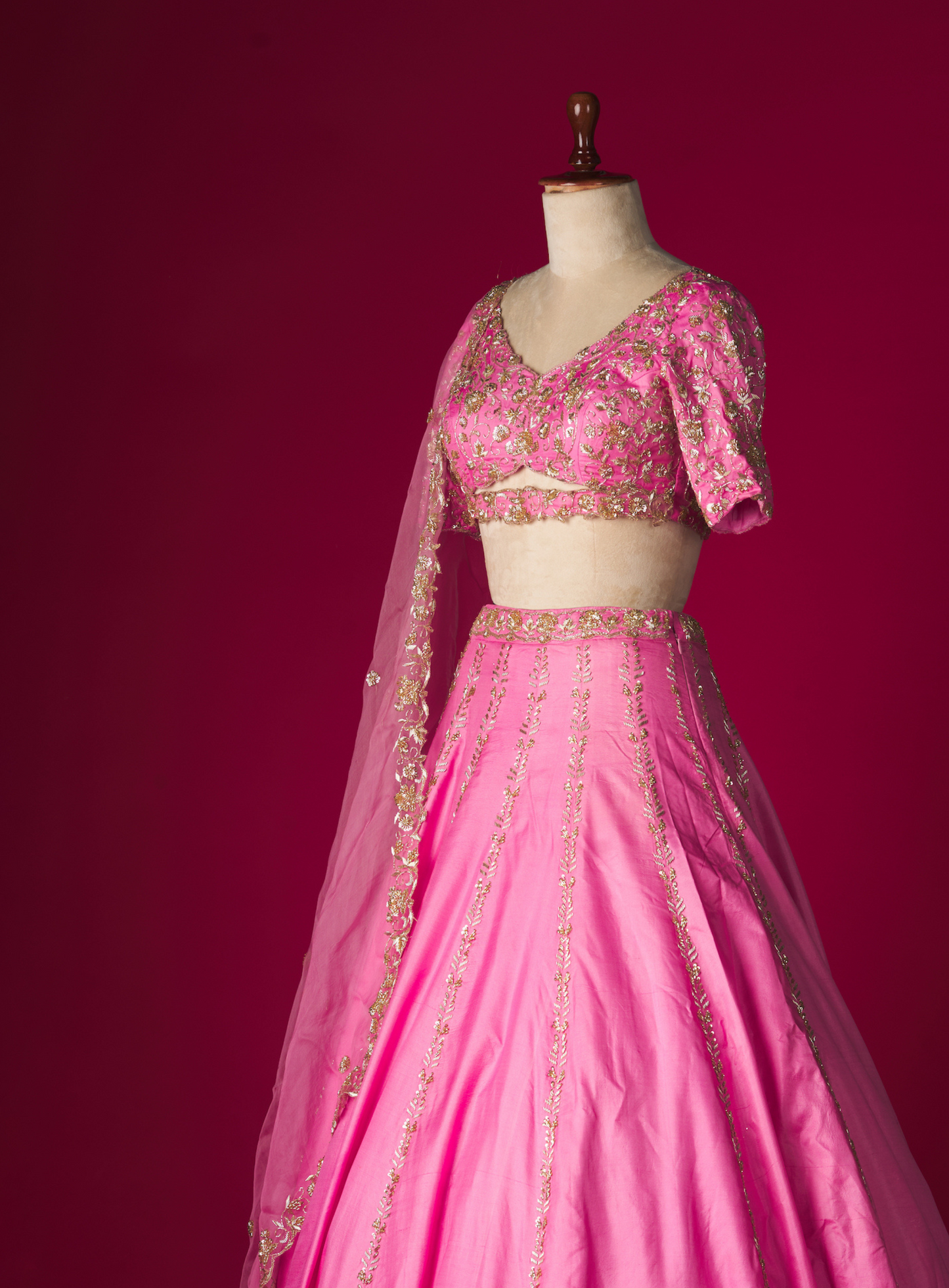 Pink Cut Out Embellished Blouse And Lehenga With Dupatta