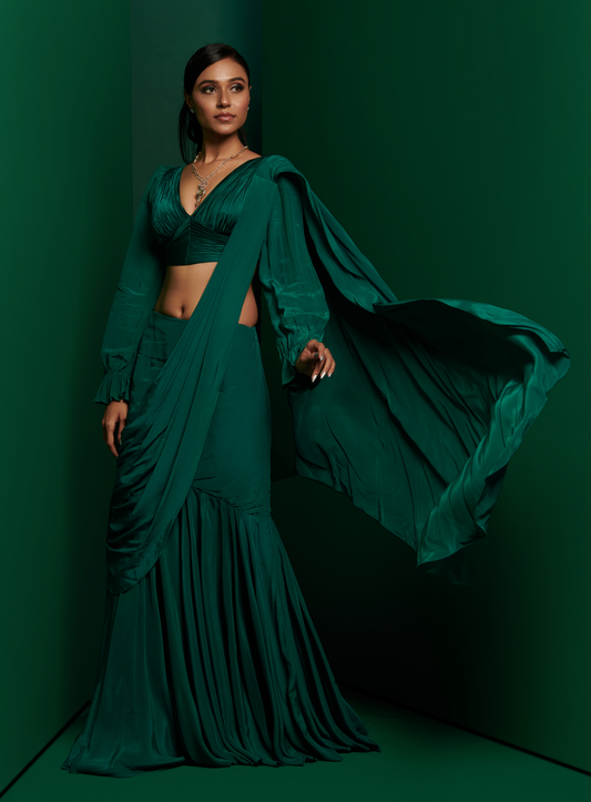 Bottle Green Gathered Blouse With Skirt Drape Saree