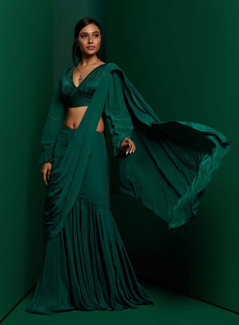 Bottle green pleated blouse with skirt drape saree