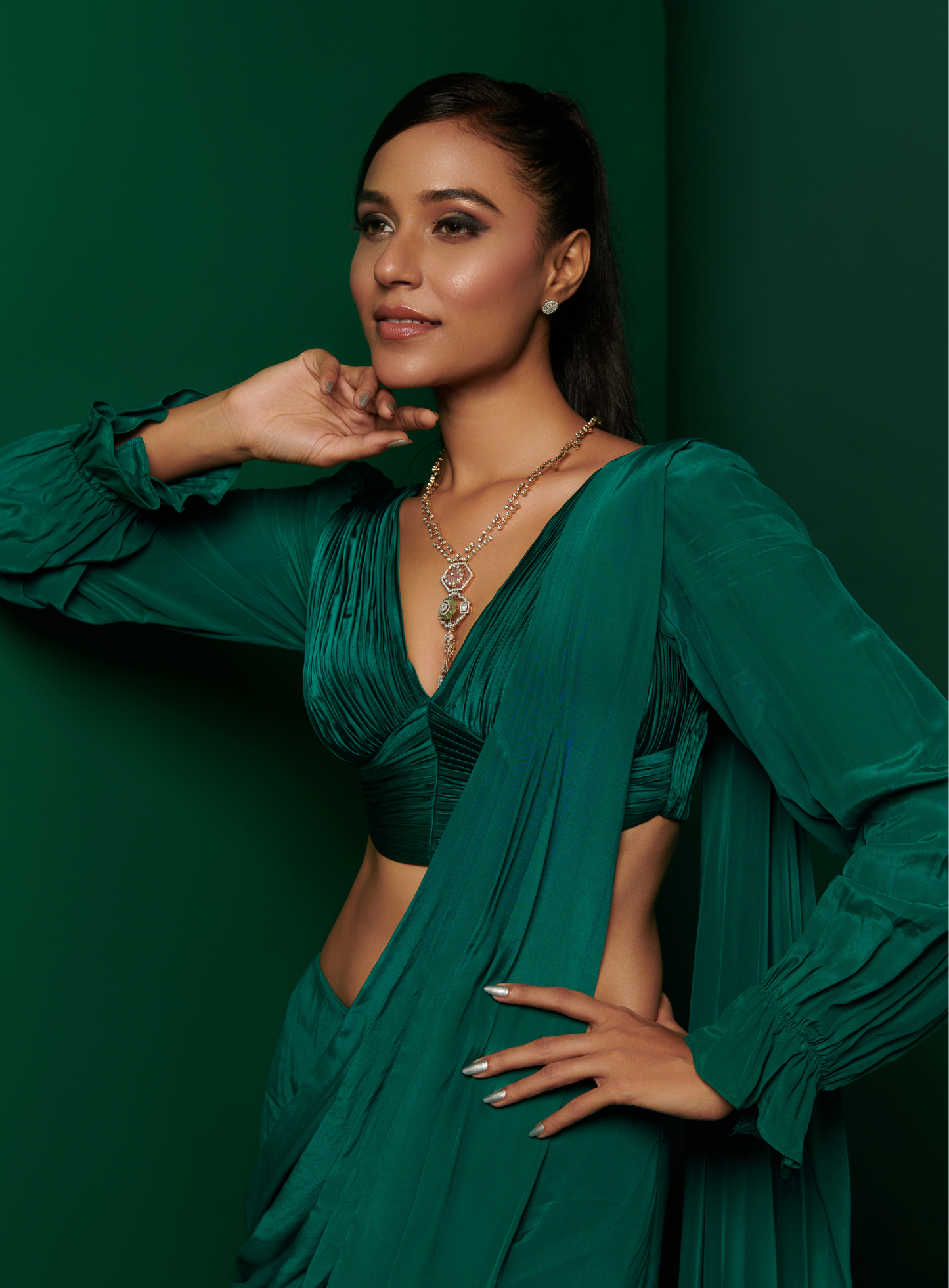 Bottle Green Gathered Blouse With Skirt Drape Saree