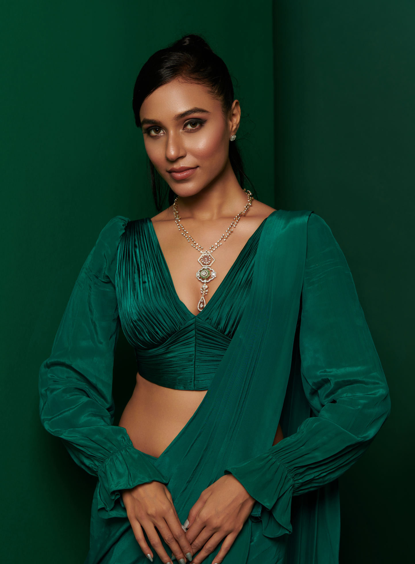 Bottle Green Gathered Blouse With Skirt Drape Saree