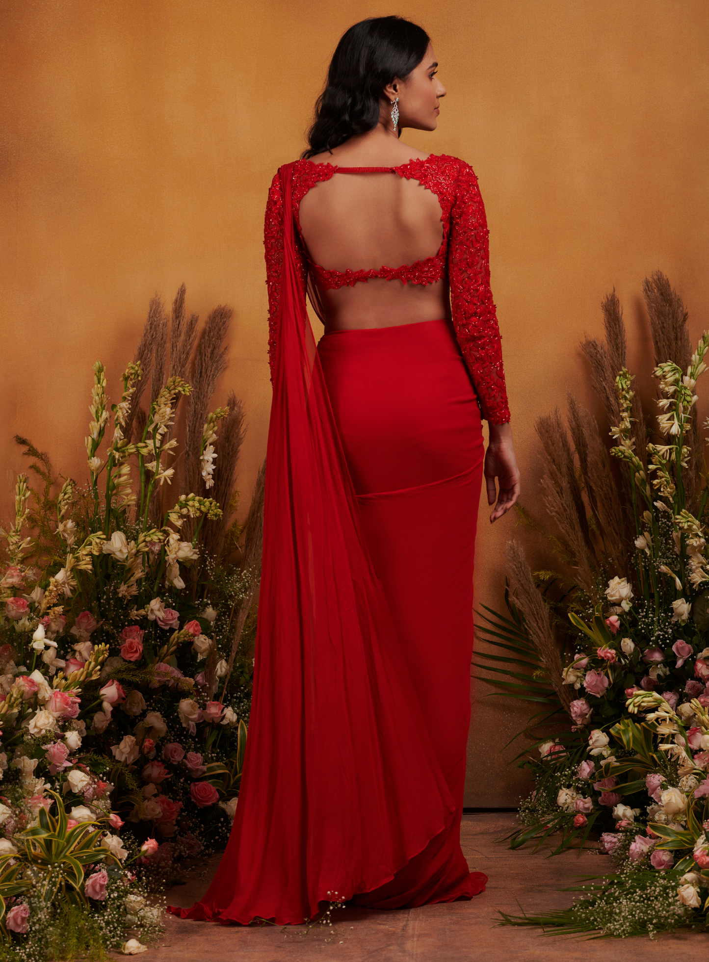 Bright Red Knotted Drape With Embellished Blouse