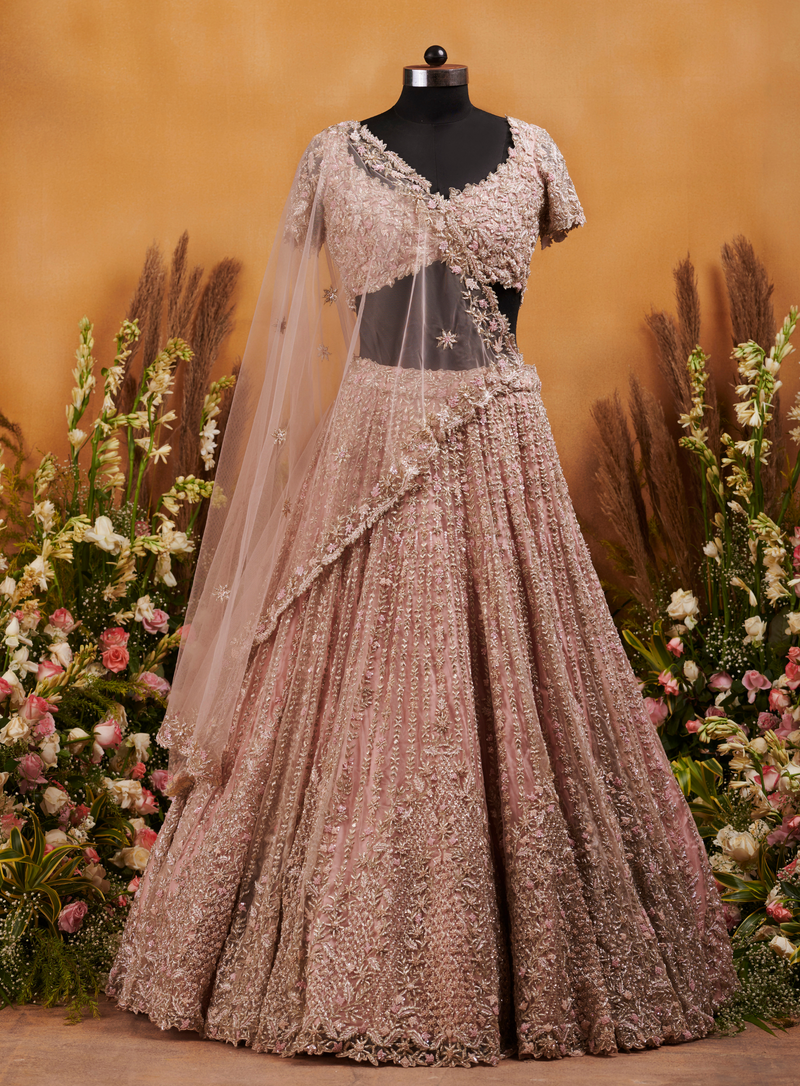 Blush pink Tulle lehenga set with zardozi, cutdana and crystal embellishment