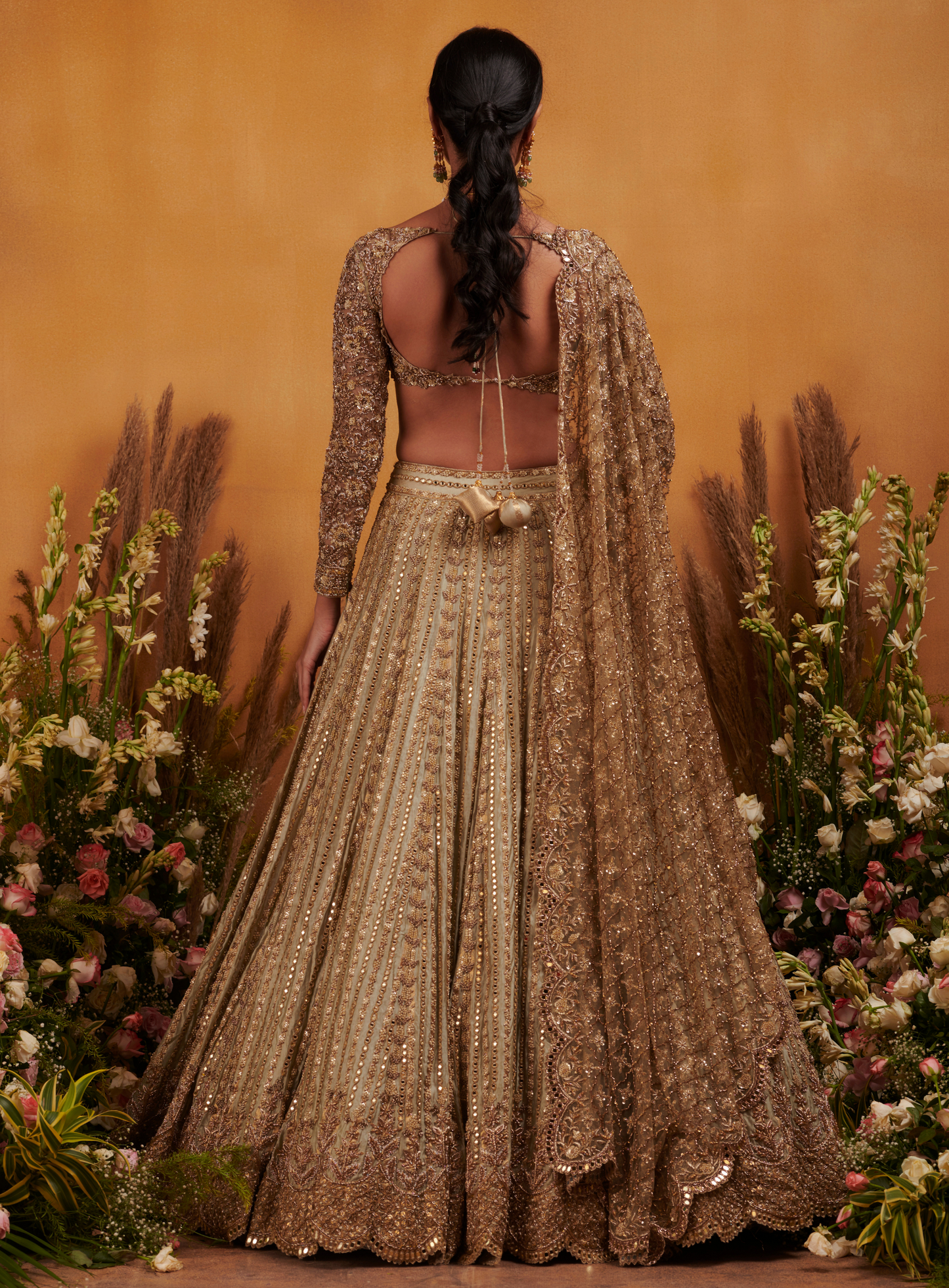 Sage Green Antique Gold Embroidered Lehenga