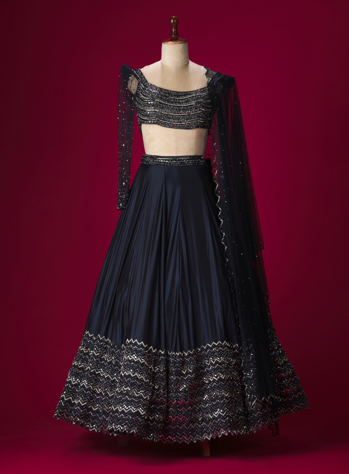 Indigo Power Shoulder Blouse with Embellished Skirt And Dupatta