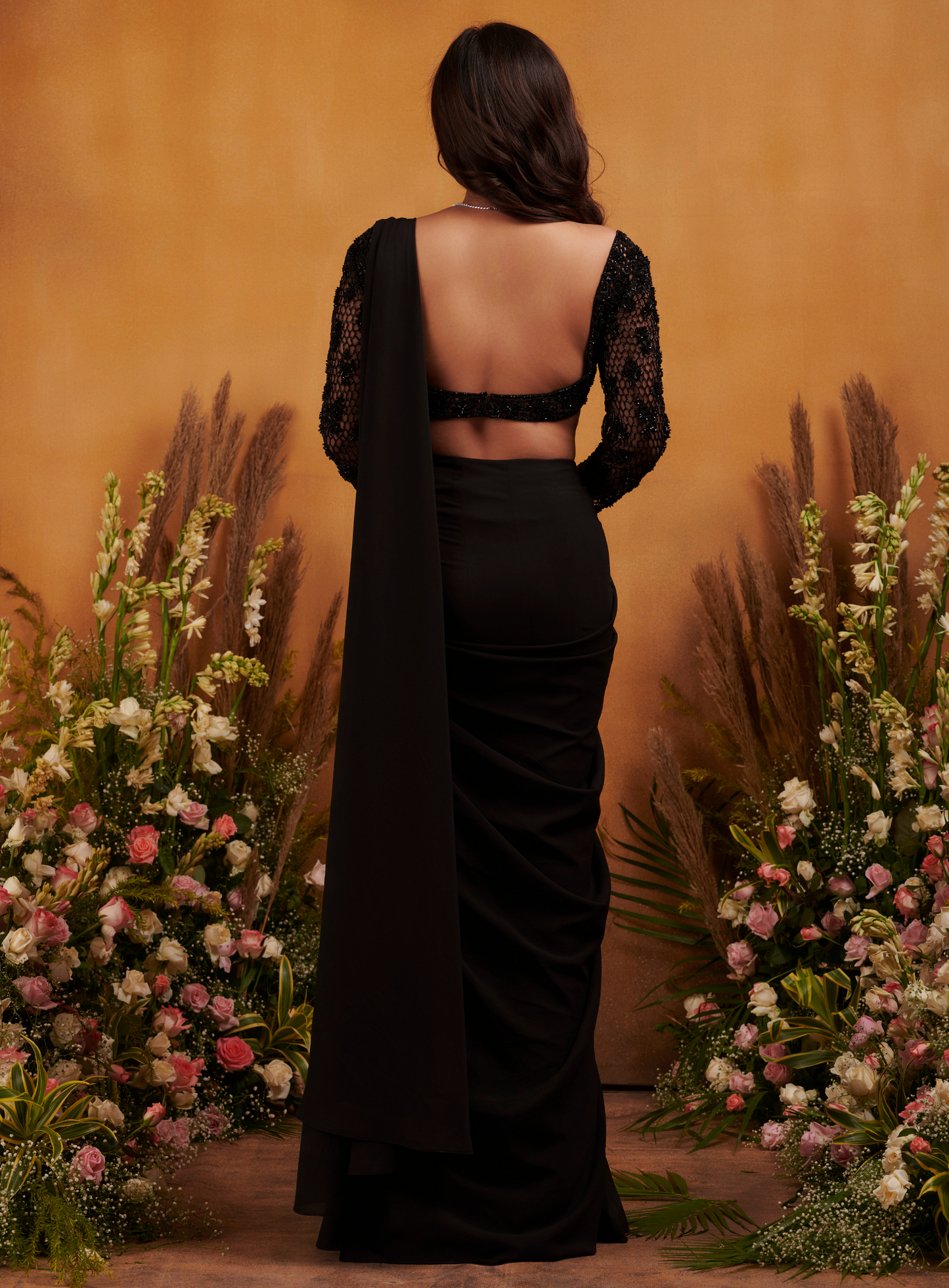 Black Embellished Full Sleeve Blouse With Slit Drape