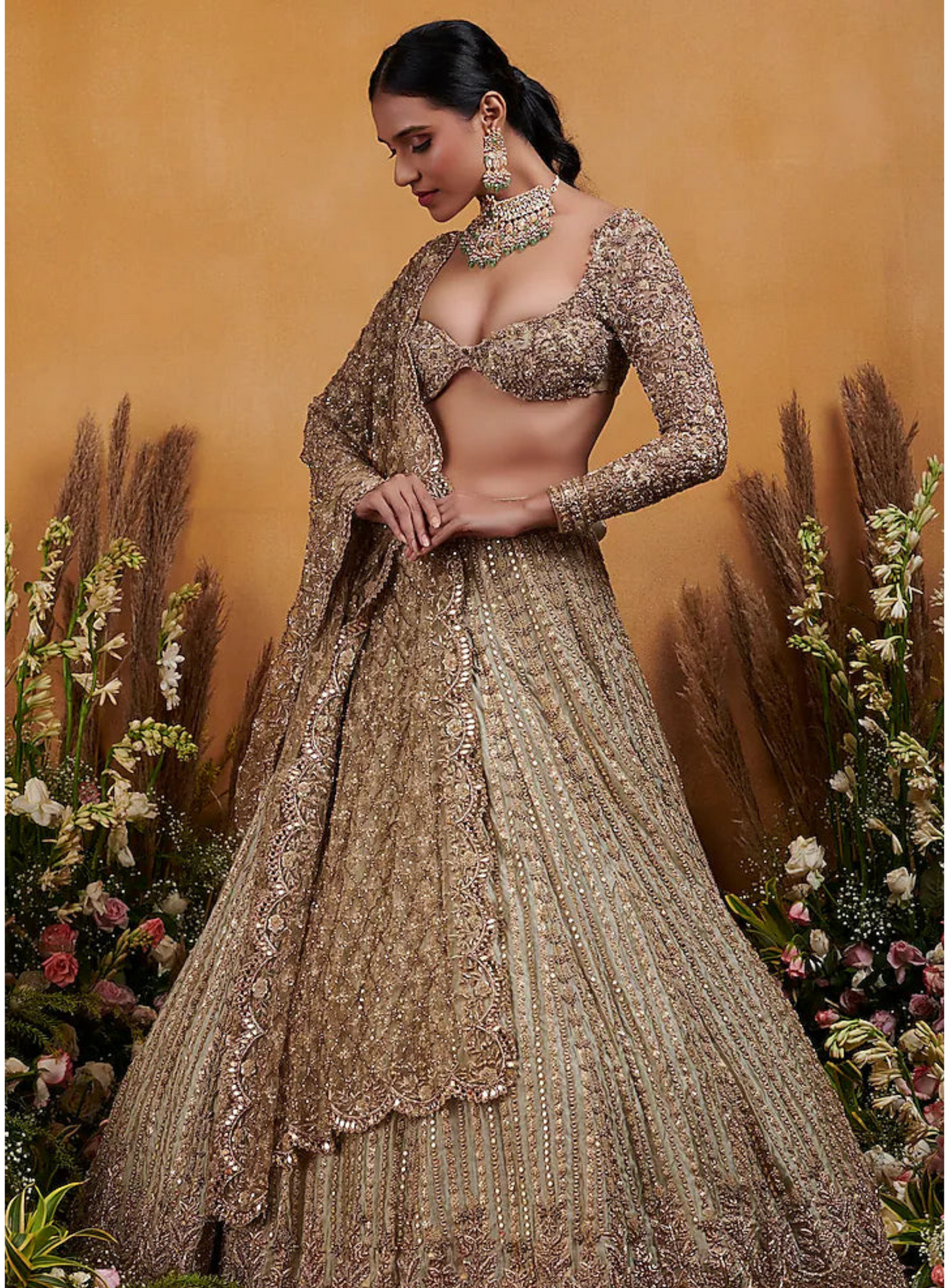 Sage Green Antique Gold Embroidered Lehenga