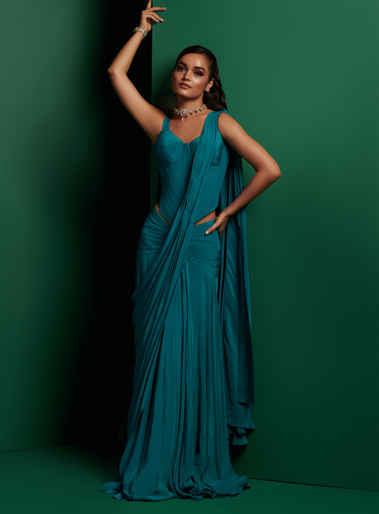 Teal Green Longline Torso Corset With Drape Saree