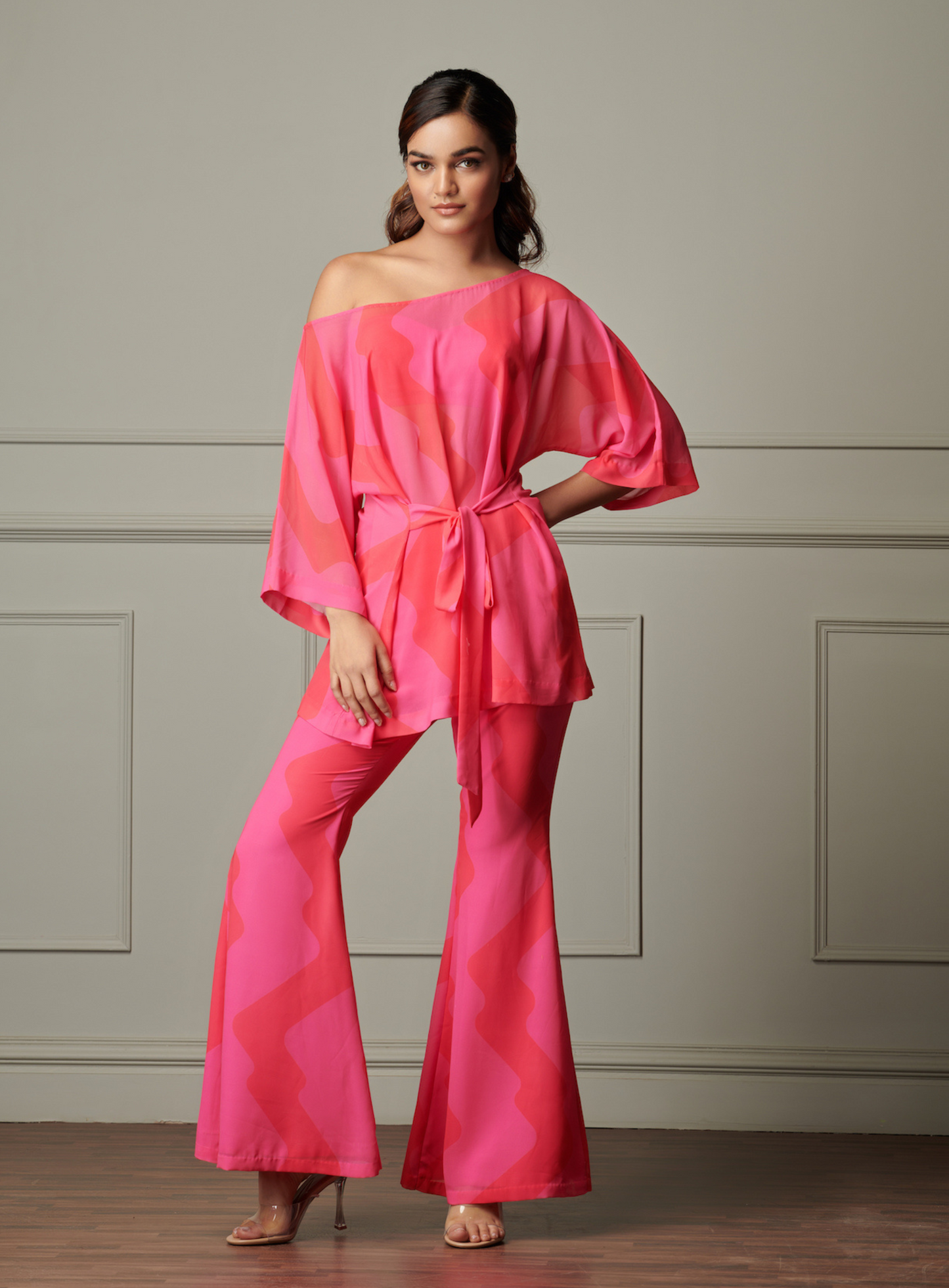 Solid Pink Printed Tie Up Tunic With Fit And Flare Pants