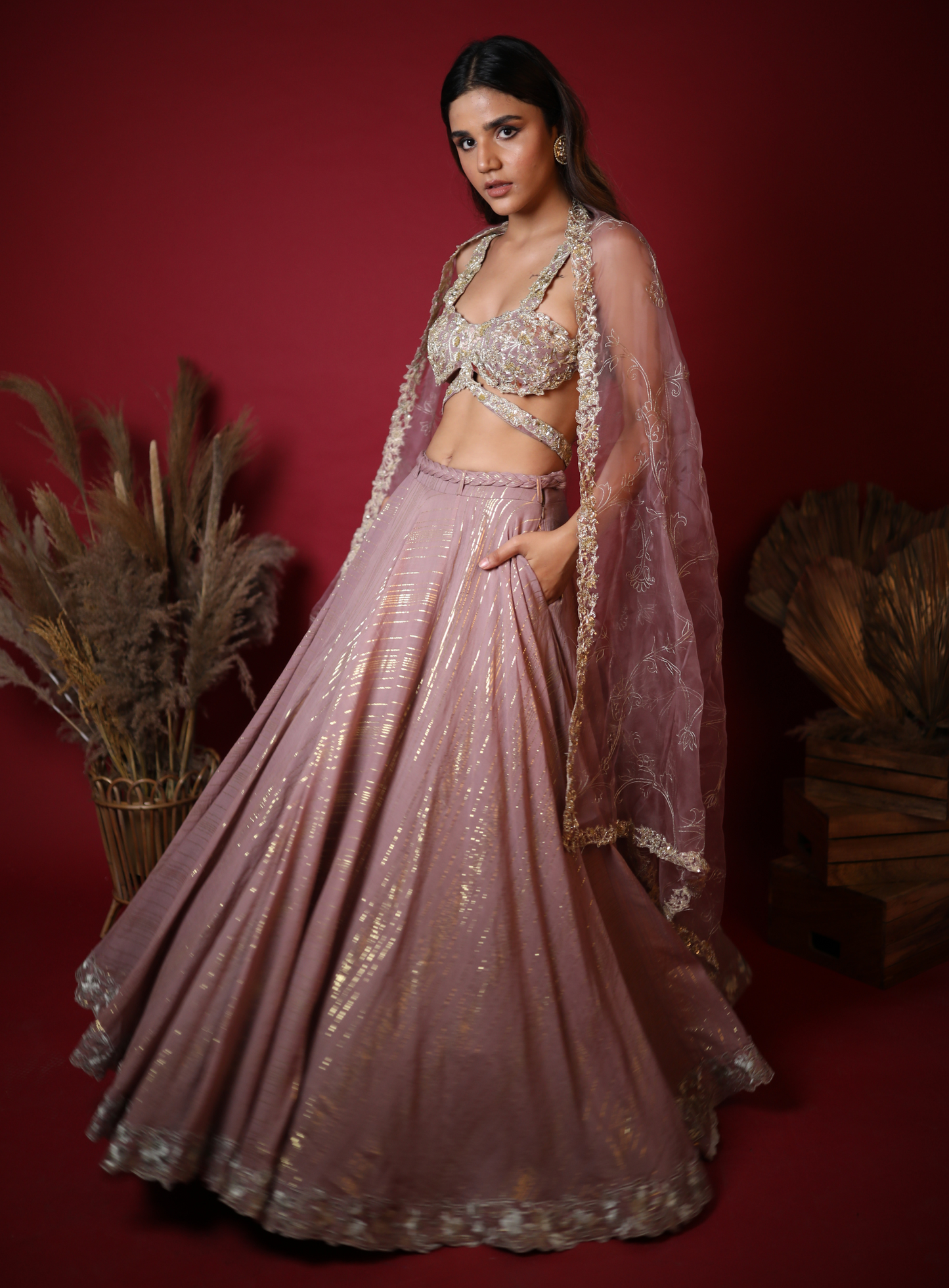 Mauve Hand Embroidered Lehenga Set