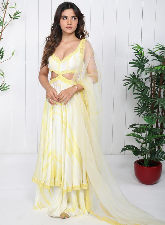 Yellow Cotton Satin Tie-Dye Anarkali Set