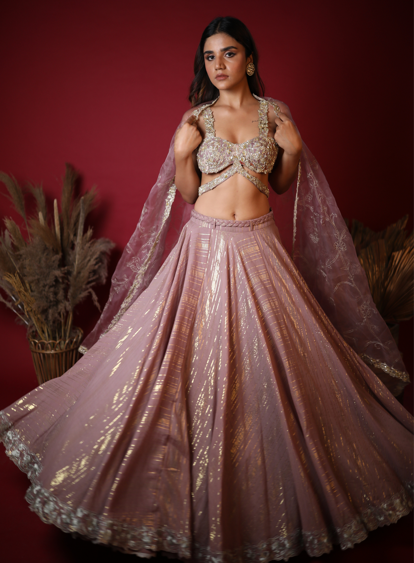 Mauve Hand Embroidered Lehenga Set