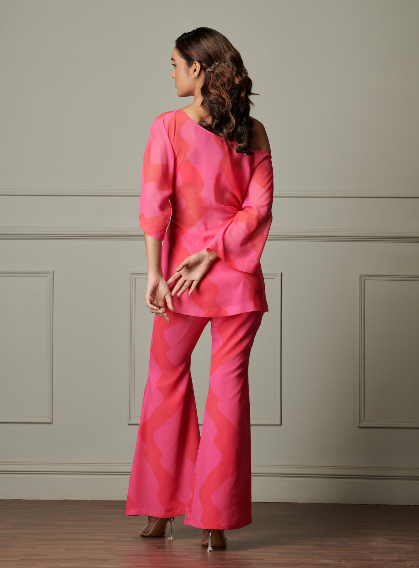 Solid Pink Printed Tie Up Tunic With Fit And Flare Pants