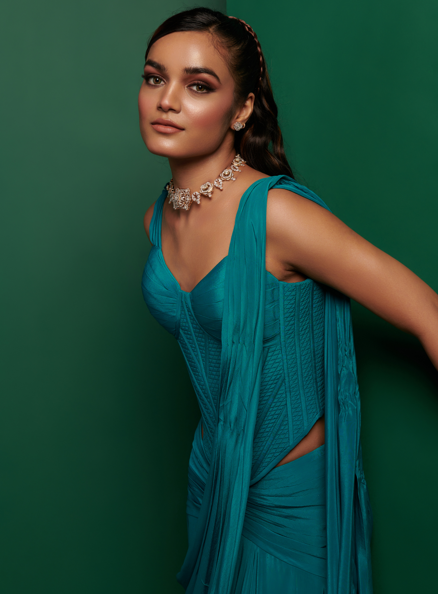 Teal Green Longline Torso Corset With Drape Saree