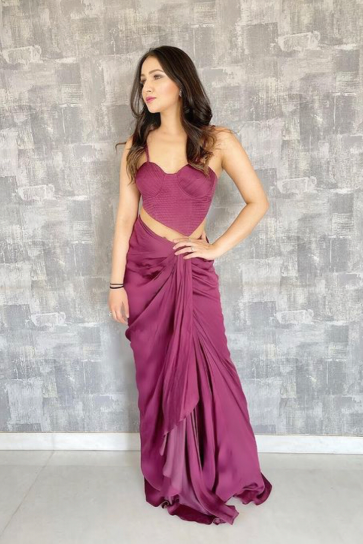 Wine Assymetric corset With Drape Skirt