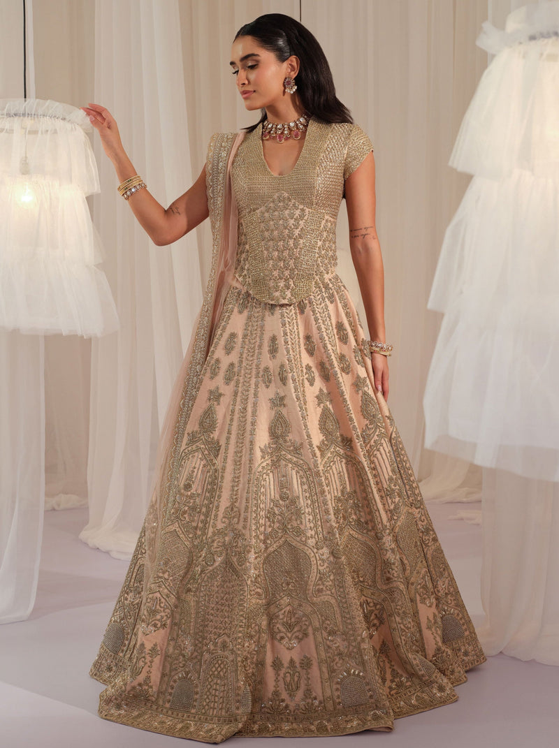 Blush pink bridal corset lehenga with zardozi and resham threadwork