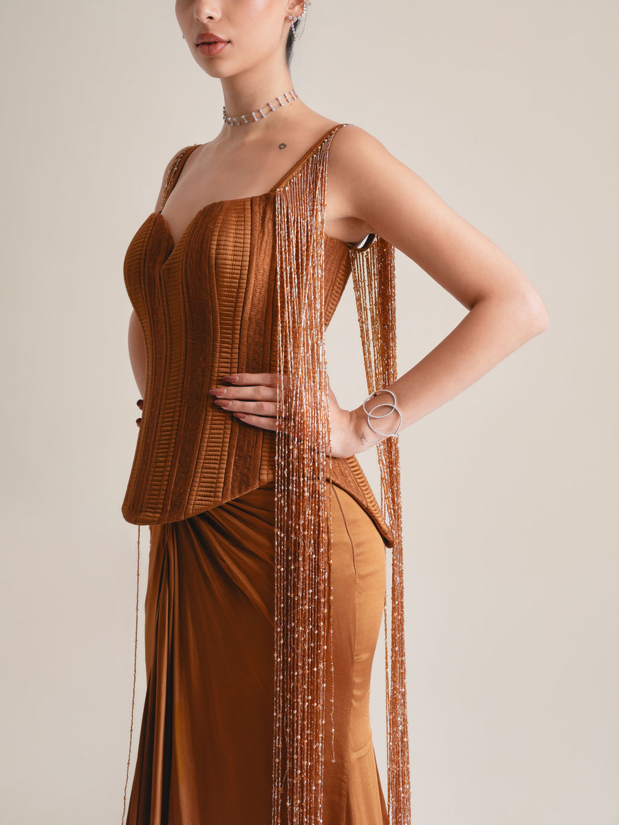 Bronze Muse Corset With Long Beaded Tassel Fringe & Drape Skirt