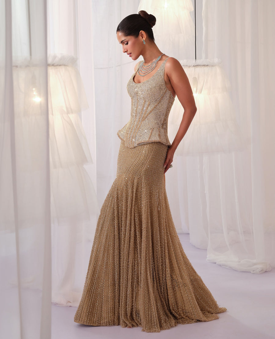 Champagne gold corset with fishcut lehenga in crystal and stone embroidery