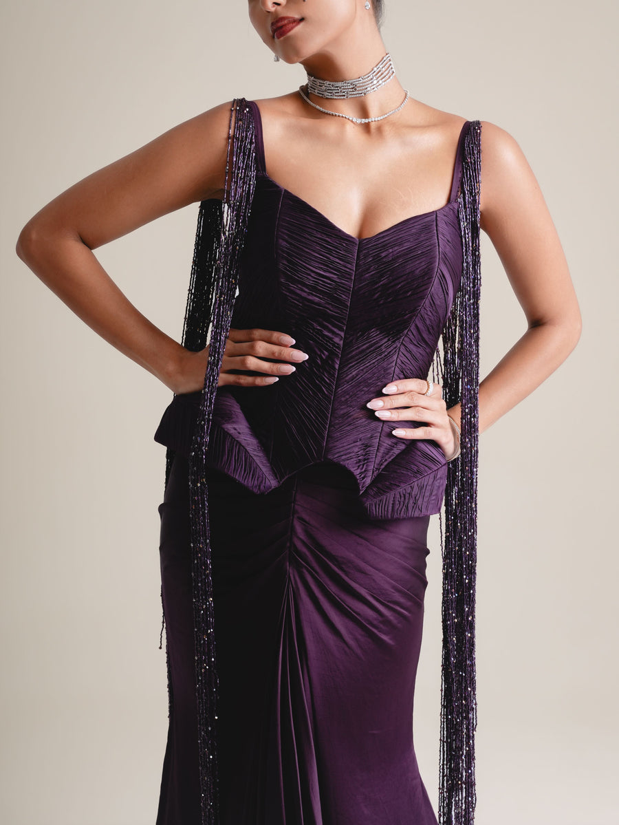 Deep Purple Structured Corset With Long Beaded Tassel Fringe & Fishcut Skirt