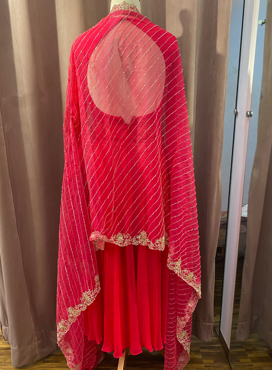 Back view of the hot pink Anarkali with embellished dupatta on a mannequin