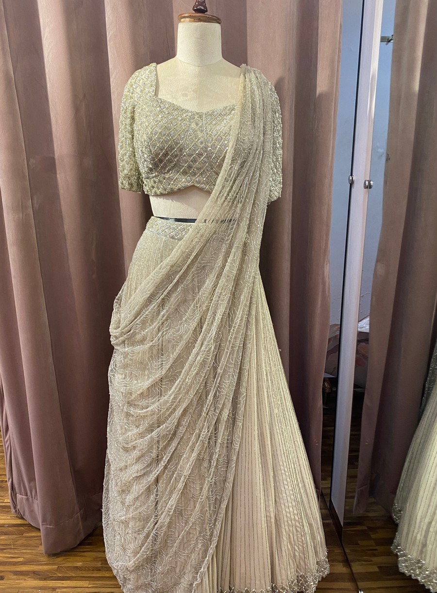 Silver glass bead embellished Tulle and Crepe lehenga