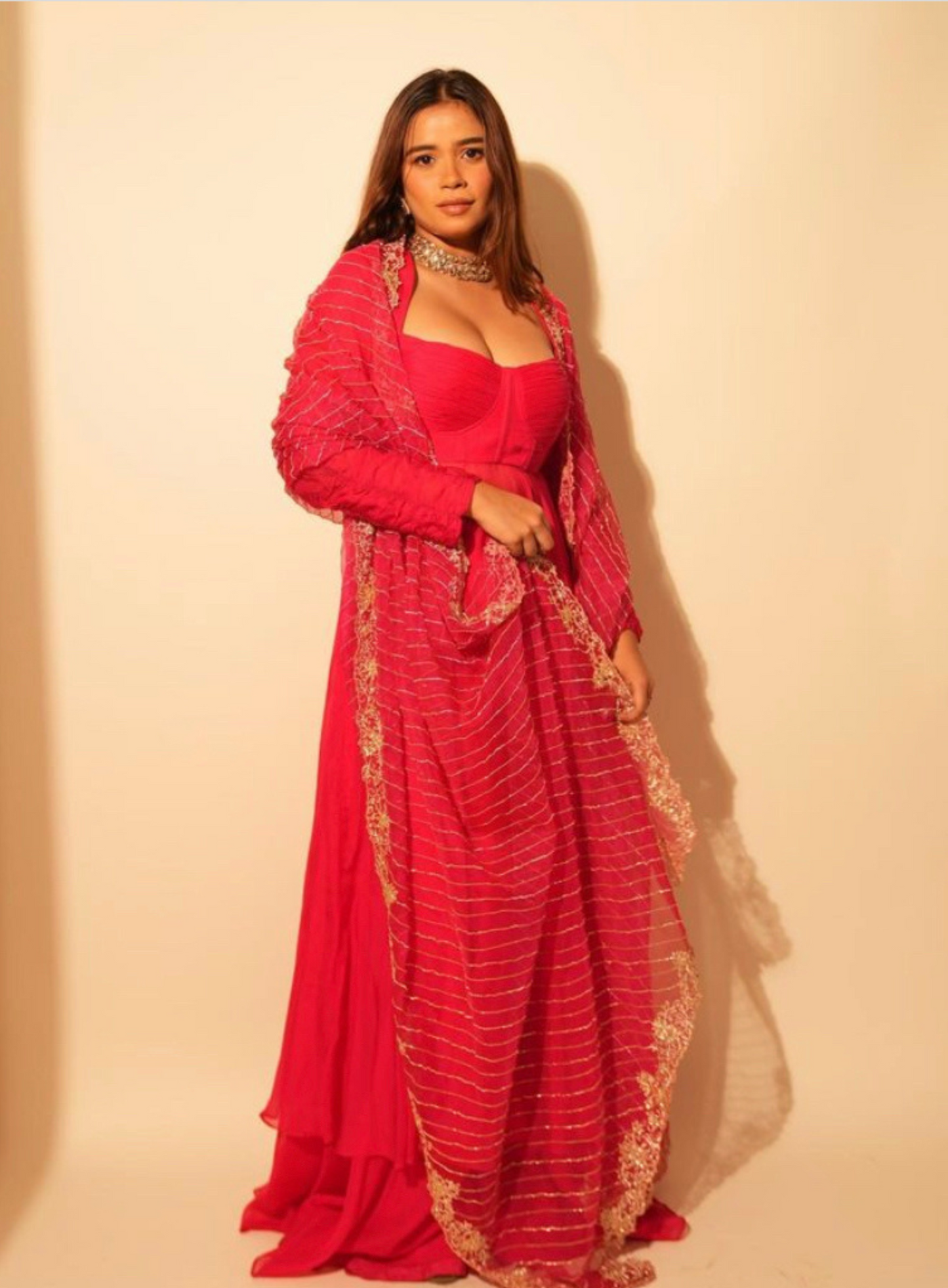 Hot Pink Anarkali With Embellished Dupatta