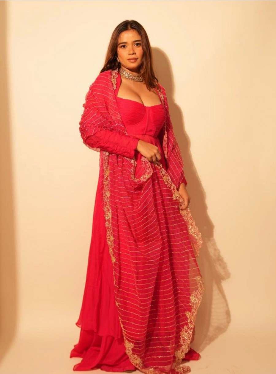 Hot pink Organza Anarkali with zardozi embellished dupatta